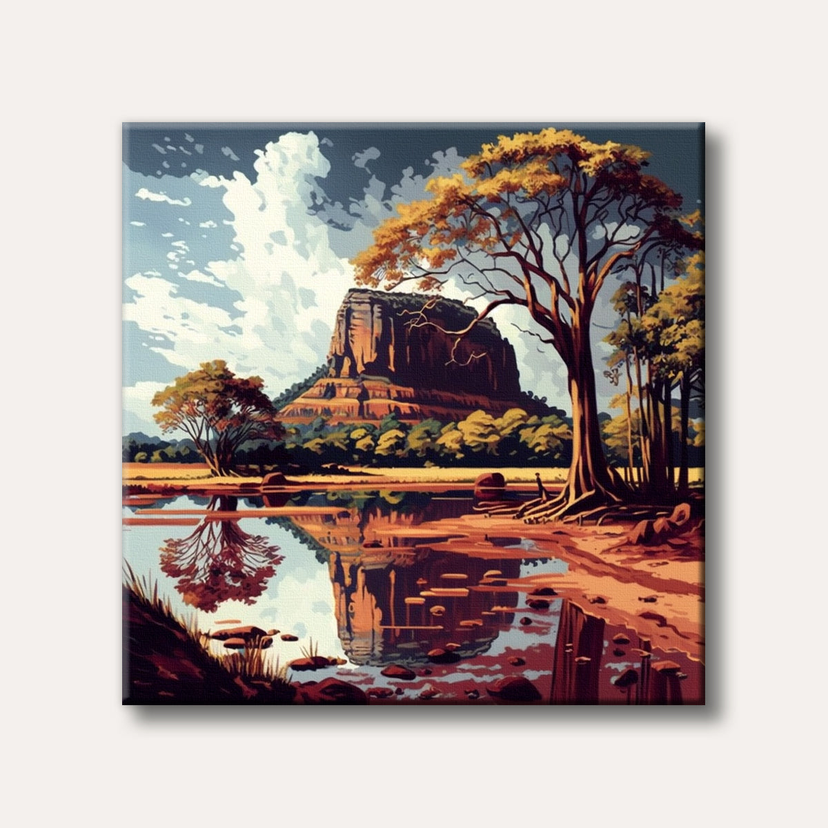 A stylized landscape painting depicting a large, flat-topped mesa reflected in a calm body of water, flanked by autumnal trees under a cloudy sky.