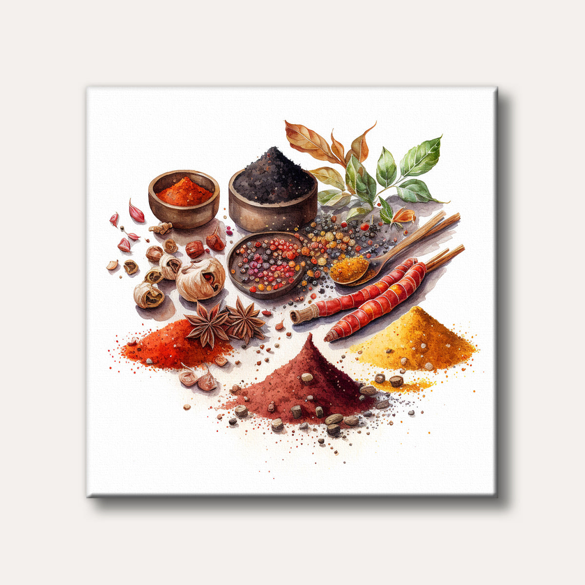 A watercolour painting showcasing an assortment of colourful spices and culinary ingredients, including chili peppers, star anise, and various powders, arranged on a white background.