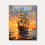 A majestic tall ship with billowing sails illuminated by a vibrant orange and yellow sunset, sailing on a choppy ocean in a realistic art style.