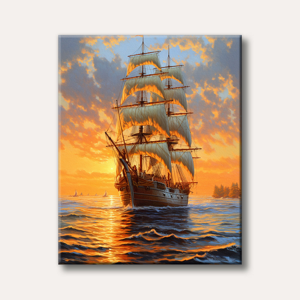 A majestic tall ship with billowing sails illuminated by a vibrant orange and yellow sunset, sailing on a choppy ocean in a realistic art style.
