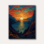 A vibrant, stylized illustration of a dramatic sunset over a rocky coastline, featuring orange and red clouds above a teal ocean with a golden reflection.