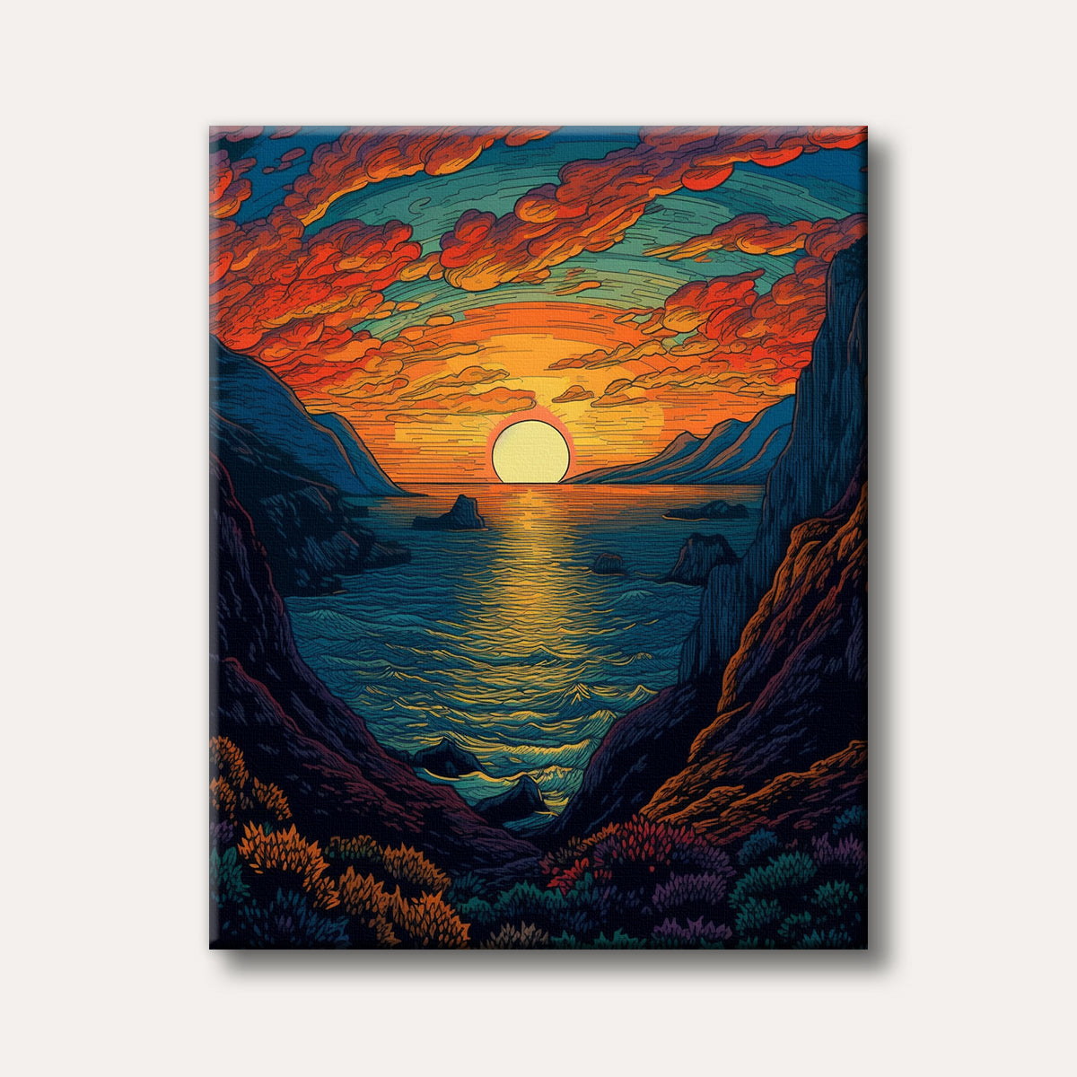 A vibrant, stylized illustration of a dramatic sunset over a rocky coastline, featuring orange and red clouds above a teal ocean with a golden reflection.