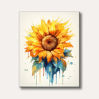 A vibrant sunflower painted in a dynamic watercolour style, featuring bright yellow petals, a brown center, and blue-green leaves with artistic paint splatters and drips.