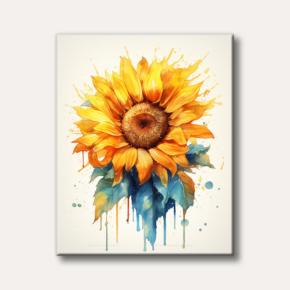 A vibrant sunflower painted in a dynamic watercolour style, featuring bright yellow petals, a brown center, and blue-green leaves with artistic paint splatters and drips.
