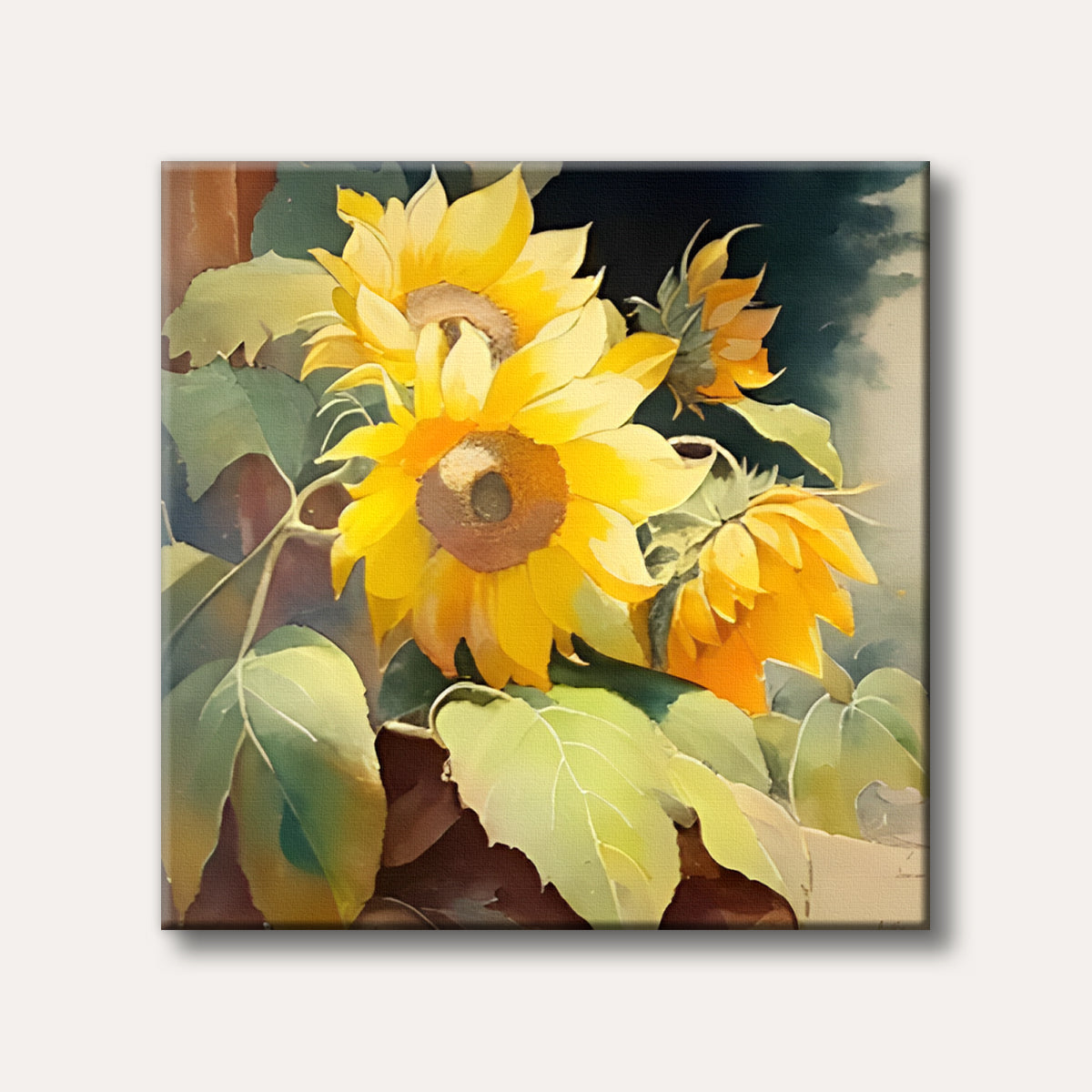 A vibrant painting of several sunflowers with bright yellow petals and green leaves, rendered in a soft, luminous watercolour style.
