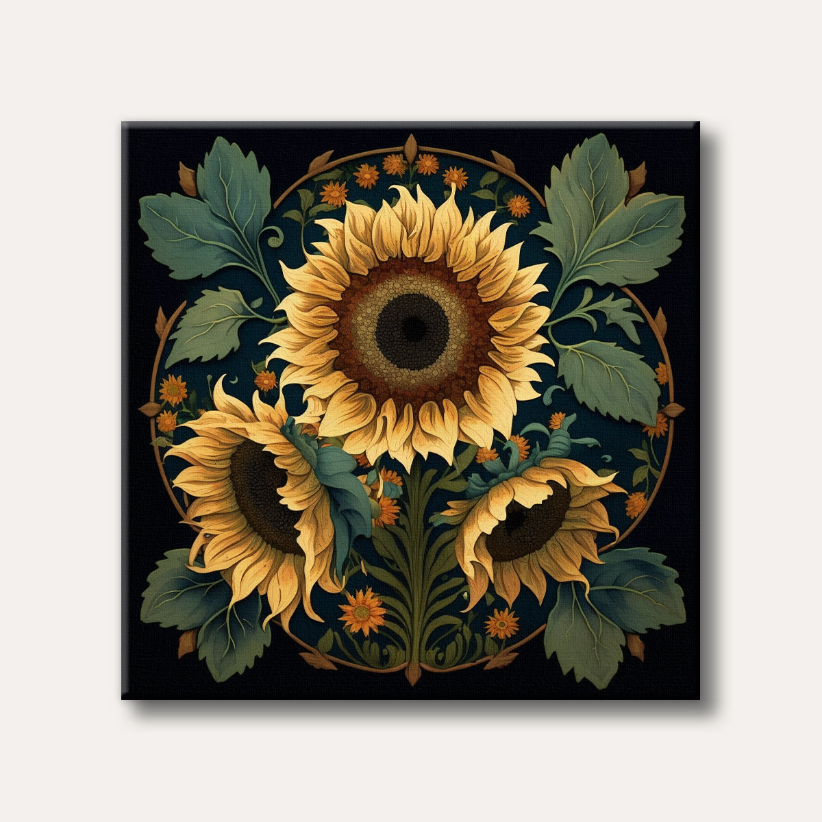 A richly detailed illustration of three golden sunflowers with lush green leaves and small accent flowers, arranged in a circular Art Nouveau-inspired pattern against a deep blue background.