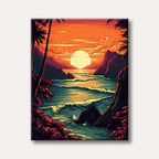A vibrant tropical sunset over an ocean bay with crashing waves and silhouetted palm trees, rendered in a bold, graphic art style.