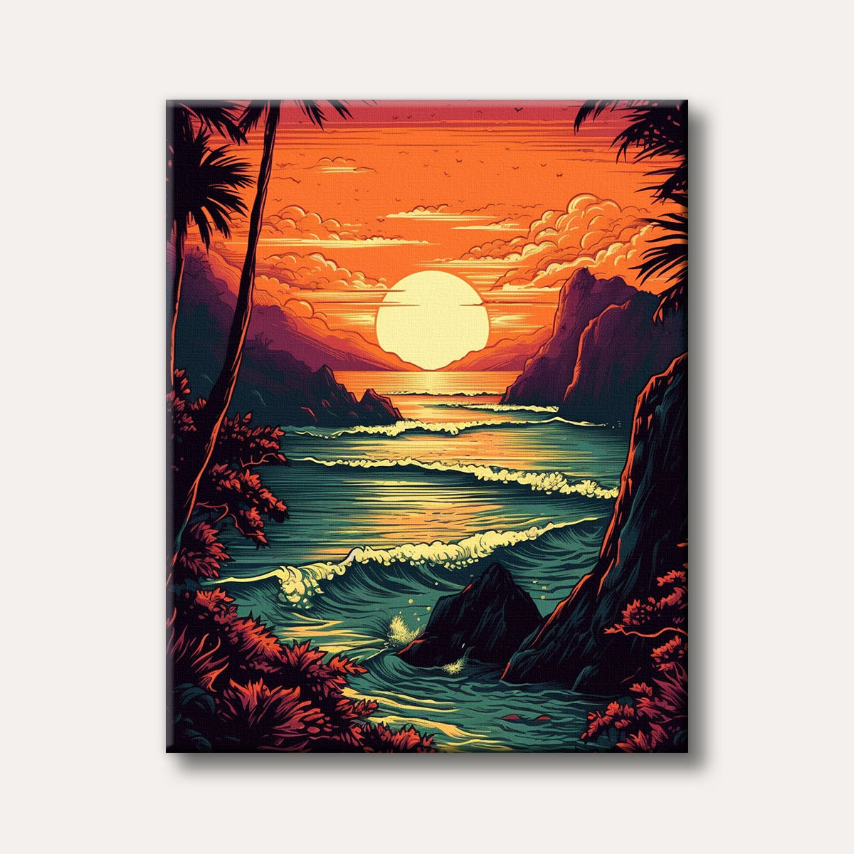 A vibrant tropical sunset over an ocean bay with crashing waves and silhouetted palm trees, rendered in a bold, graphic art style.