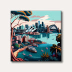 A vibrant, stylized painting of Sydney Harbour, showcasing the iconic Opera House, Harbour Bridge, and city skyline with boats on the water and a distinctive tree in the foreground.