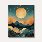 An abstract painting depicting a large golden moon and stars over a stylized landscape with dark teal and orange patterned hills or waves, rendered in a modern, illustrative style.