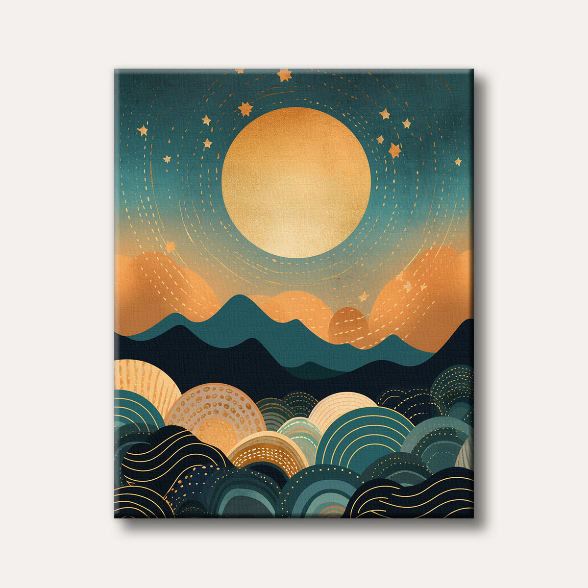 An abstract painting depicting a large golden moon and stars over a stylized landscape with dark teal and orange patterned hills or waves, rendered in a modern, illustrative style.