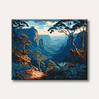 A stylized landscape painting featuring a vast mountain valley bathed in blue and green hues, with rugged cliffs and various trees in the foreground, evoking a serene and majestic atmosphere.