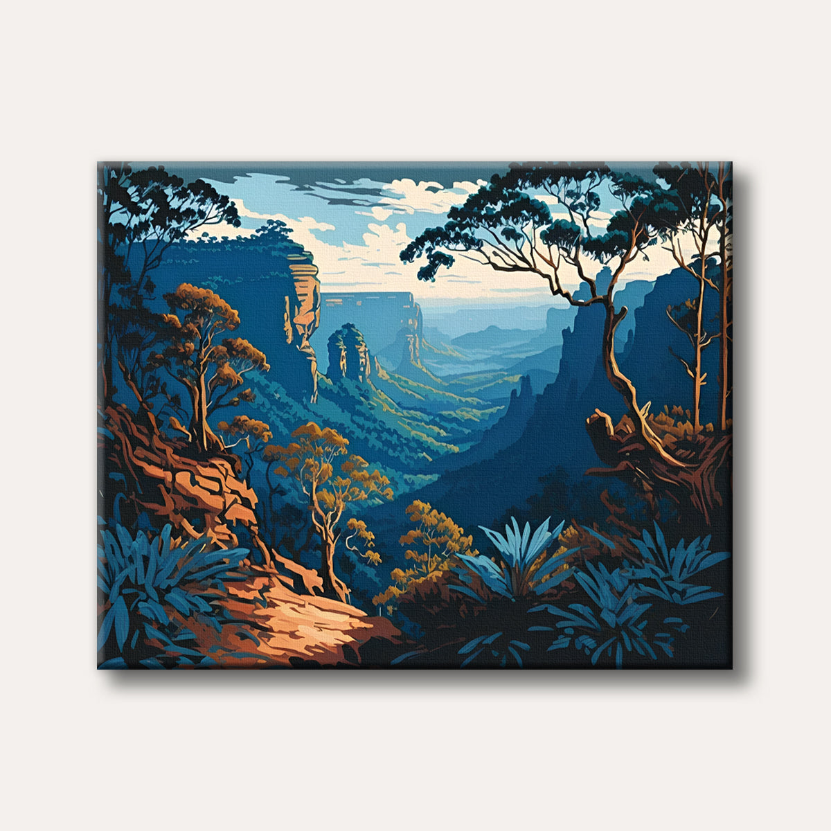 A stylized landscape painting featuring a vast mountain valley bathed in blue and green hues, with rugged cliffs and various trees in the foreground, evoking a serene and majestic atmosphere.