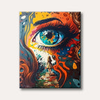 A vibrant, abstract digital painting featuring a large, watchful eye with a small person walking on a path within its gaze, reflecting themes of perception and journey.