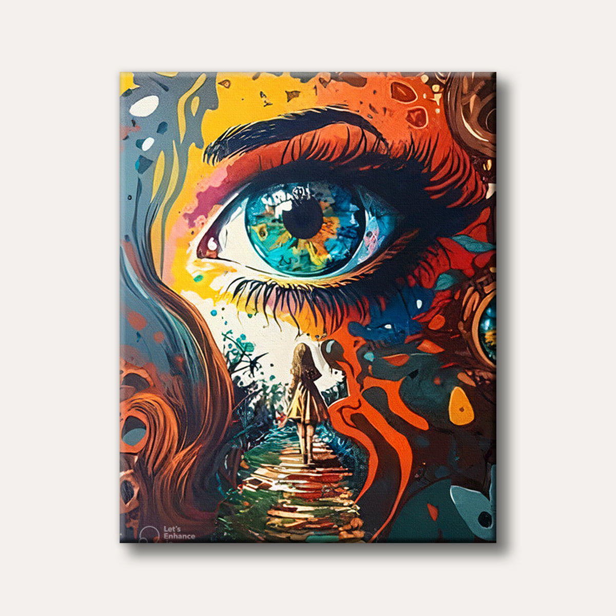 A vibrant, abstract digital painting featuring a large, watchful eye with a small person walking on a path within its gaze, reflecting themes of perception and journey.