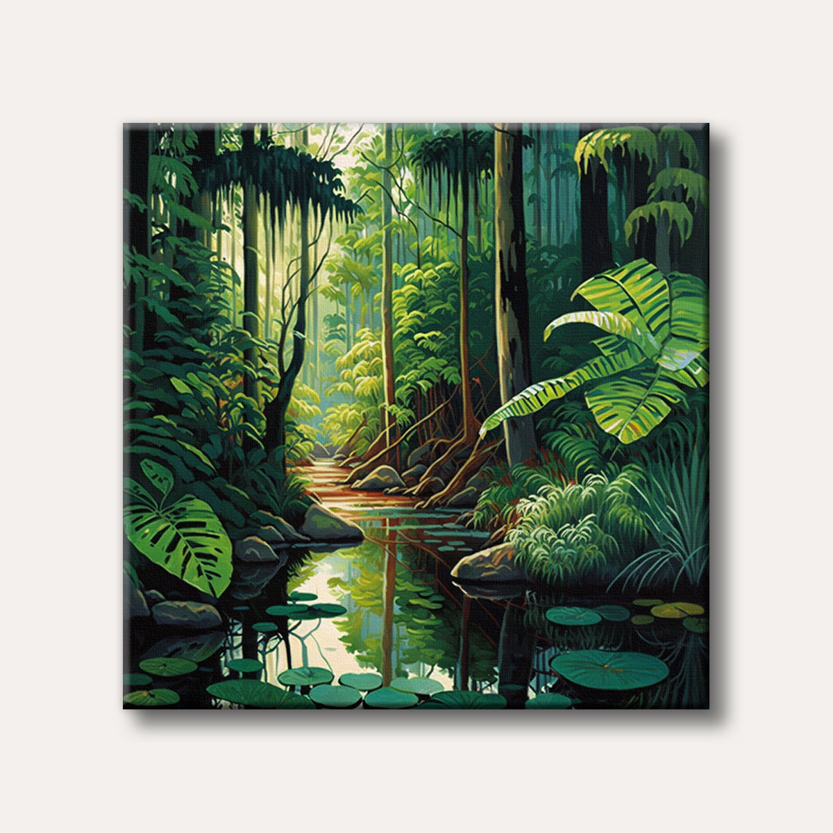 A vibrant painting of a lush tropical jungle with a calm river reflecting sunlight and dense foliage, depicted in a stylized, illustrative art style.
