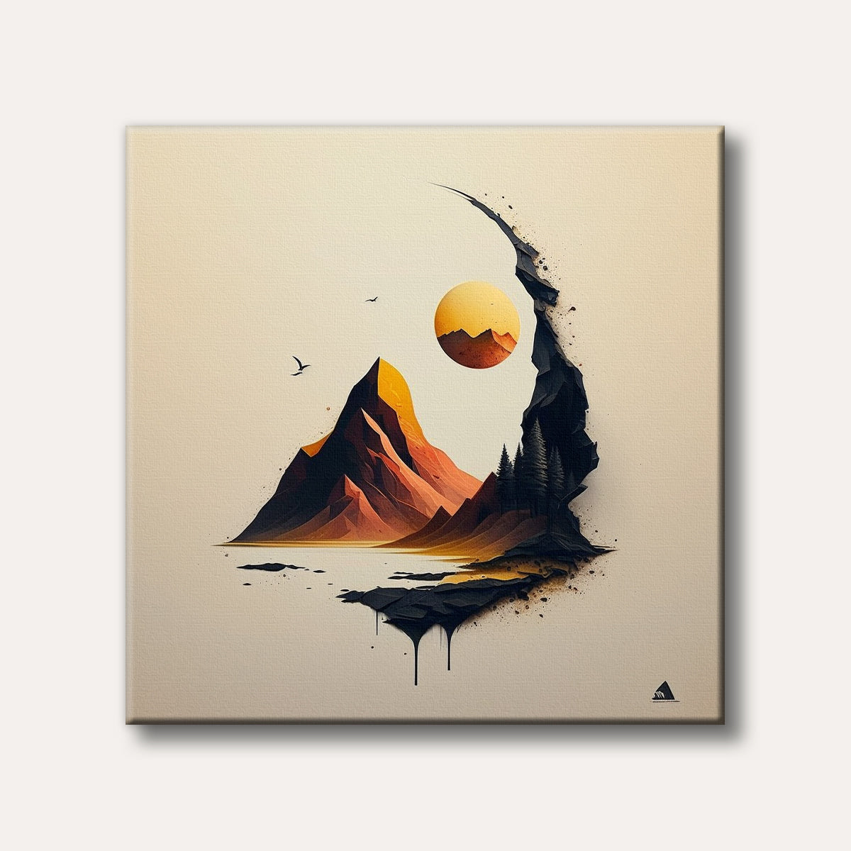An abstract landscape illustration featuring stylized orange and red mountains, dark pine trees, and a yellow sun emerging from a crumbling black artistic border on a cream background.