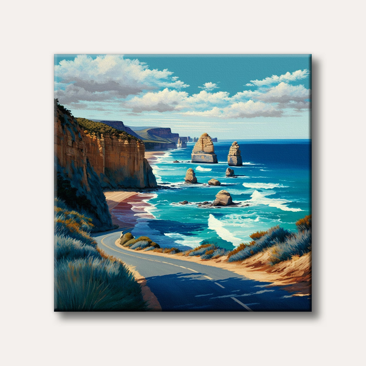 A vibrant painting of a winding coastal road overlooking majestic sea stacks and a clear blue ocean with white waves under a partly cloudy sky.