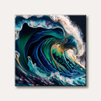 A large, dynamic ocean wave depicted in a vibrant, fluid abstract painting style with deep blues, greens, and white foam, conveying power and movement.
