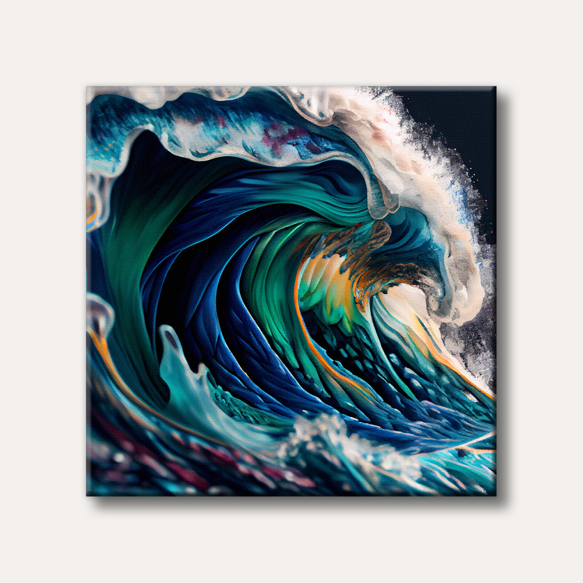 A large, dynamic ocean wave depicted in a vibrant, fluid abstract painting style with deep blues, greens, and white foam, conveying power and movement.