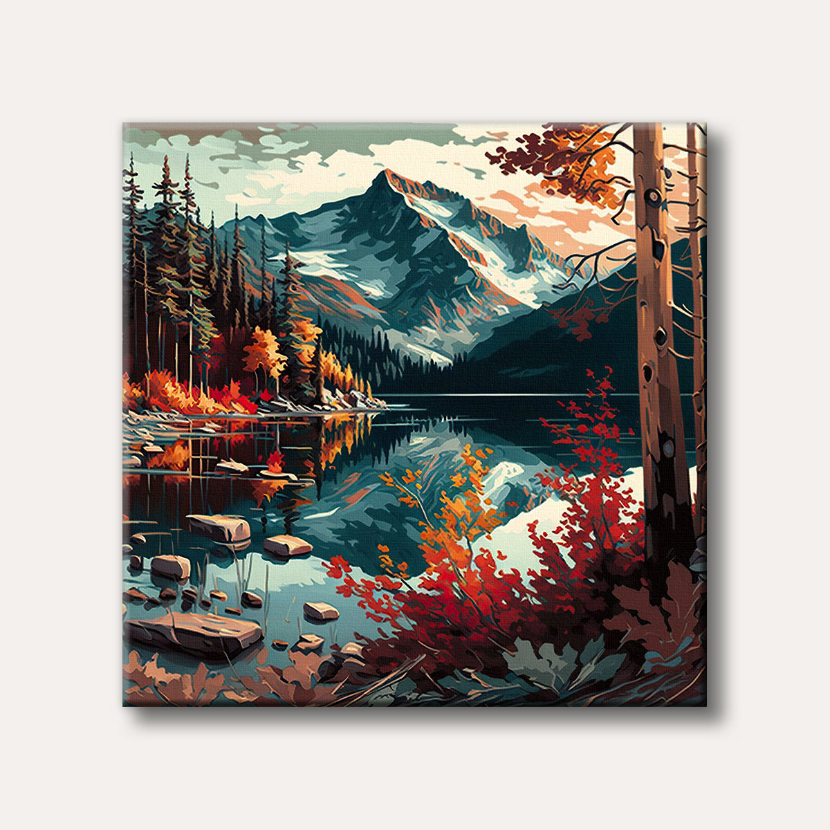 A vibrant autumn landscape painting featuring a lake reflecting snow-capped mountains and colourful fall foliage, rendered in a bold, stylized art style.