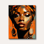 A vibrant, abstract pop art portrait of an African woman with an orange headwrap and large earrings, featuring bold black and orange colours with paint drip effects.