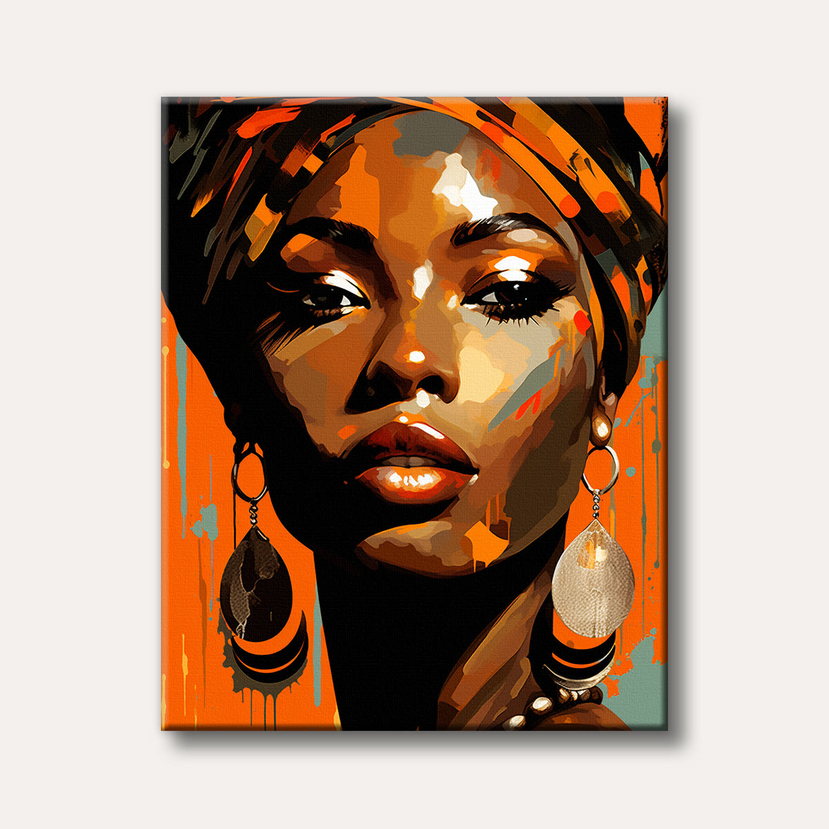 A vibrant, abstract pop art portrait of an African woman with an orange headwrap and large earrings, featuring bold black and orange colours with paint drip effects.