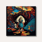 A young woman in a blue dress walks down a glowing, surreal path into a vibrant, psychedelic wonderland with a grinning cat in a highly stylized, illustrative art style.