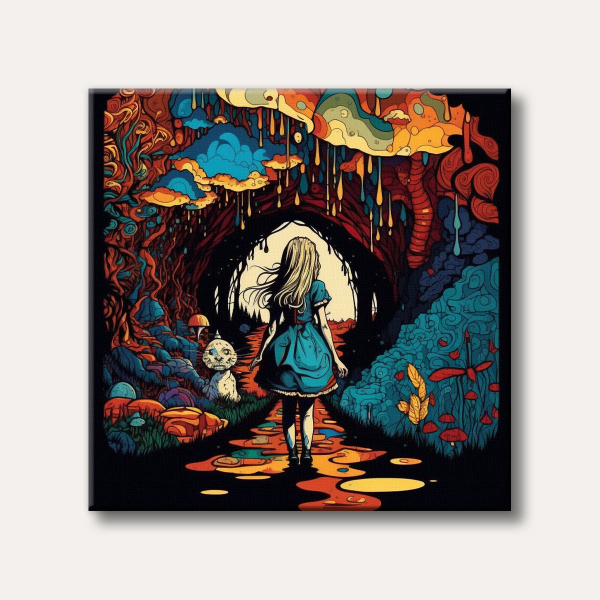 A young woman in a blue dress walks down a glowing, surreal path into a vibrant, psychedelic wonderland with a grinning cat in a highly stylized, illustrative art style.