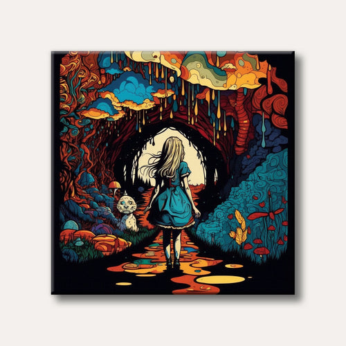A young woman in a blue dress walks down a glowing, surreal path into a vibrant, psychedelic wonderland with a grinning cat in a highly stylized, illustrative art style.