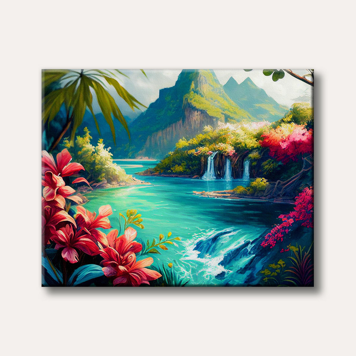 A vibrant and lush tropical landscape painting showcasing teal waters, multiple waterfalls flowing from green mountains, and large red and pink exotic flowers in the foreground, rendered in a painterly style.