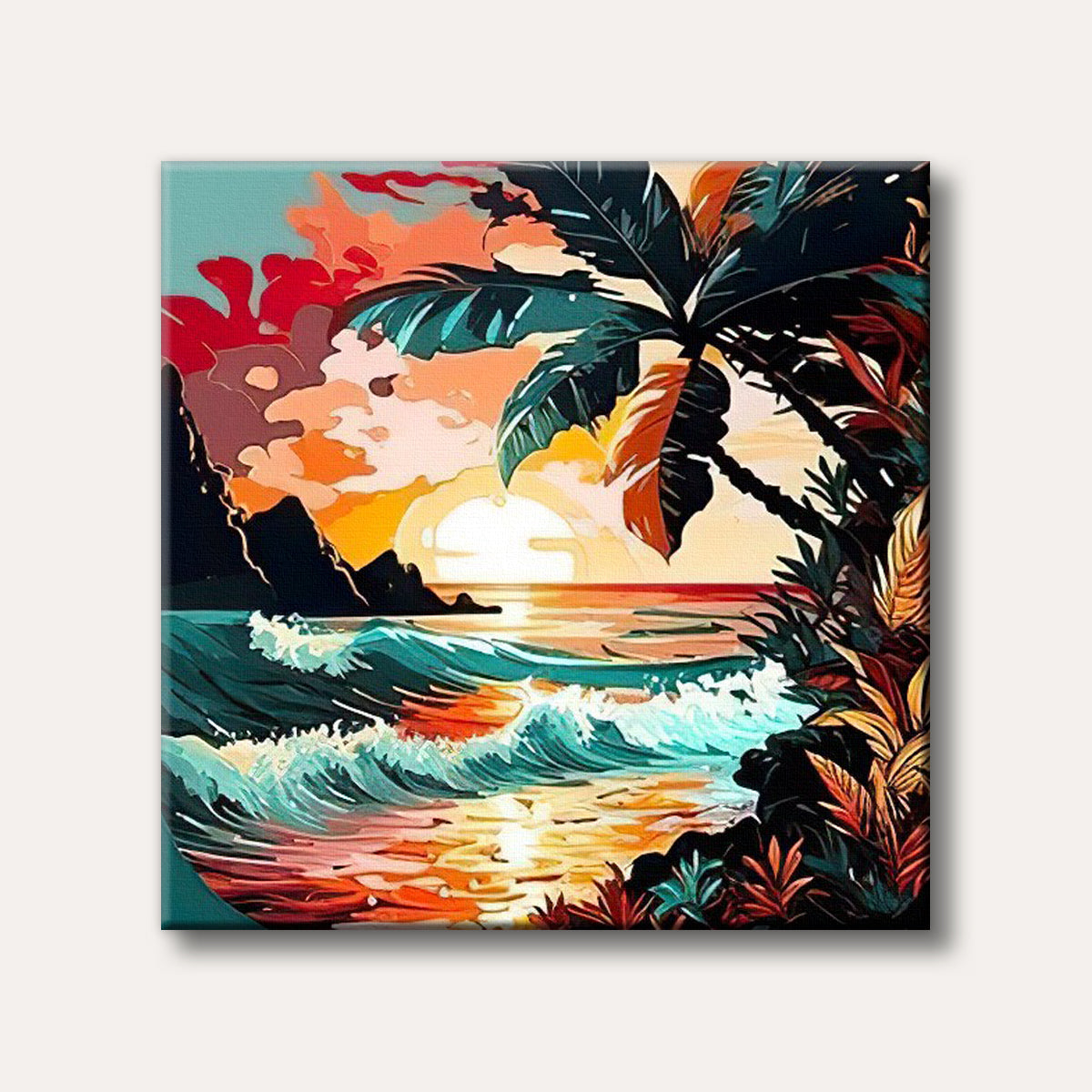 A vibrant, stylized painting of a tropical sunset with a large setting sun over the ocean, dynamic waves, and lush foreground foliage including a palm tree.