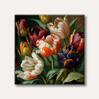 A lush, detailed painting of a vibrant tulip bouquet featuring deep reds, oranges, crisp whites, and unique dark blue petals against a dark, dramatic background.