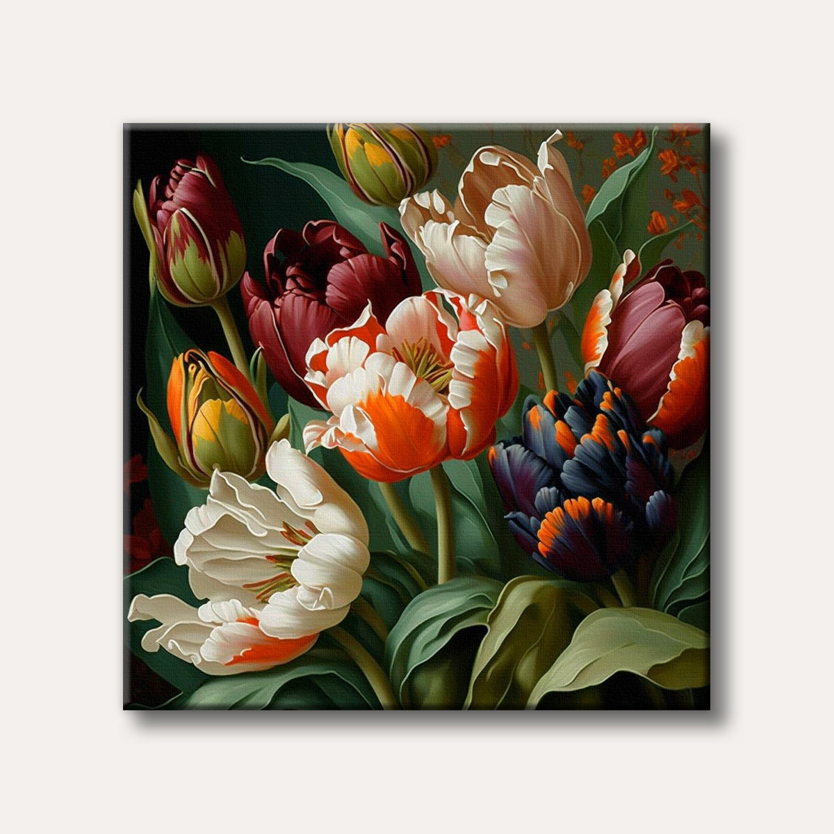 A lush, detailed painting of a vibrant tulip bouquet featuring deep reds, oranges, crisp whites, and unique dark blue petals against a dark, dramatic background.
