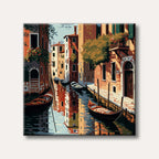 A stylized painting of a Venetian canal with colourful buildings reflecting in the water and several gondolas parked along the banks, depicting a serene travel scene.