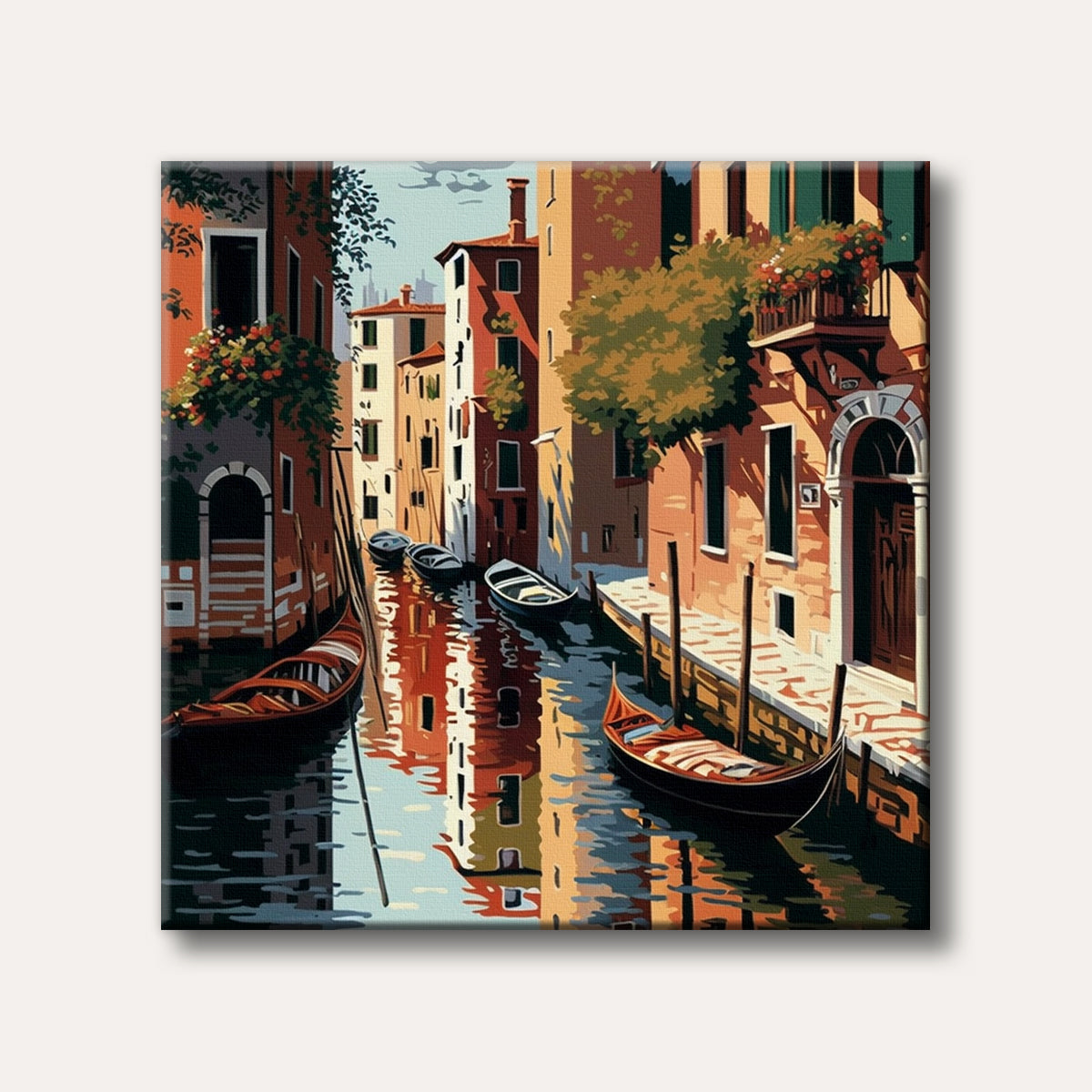 A stylized painting of a Venetian canal with colourful buildings reflecting in the water and several gondolas parked along the banks, depicting a serene travel scene.