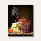 A classic still life painting featuring a glass of red wine, a cluster of red grapes, stacked cheese, a cut strawberry, and nuts on a rustic wooden surface against a dark background, in a realistic style.