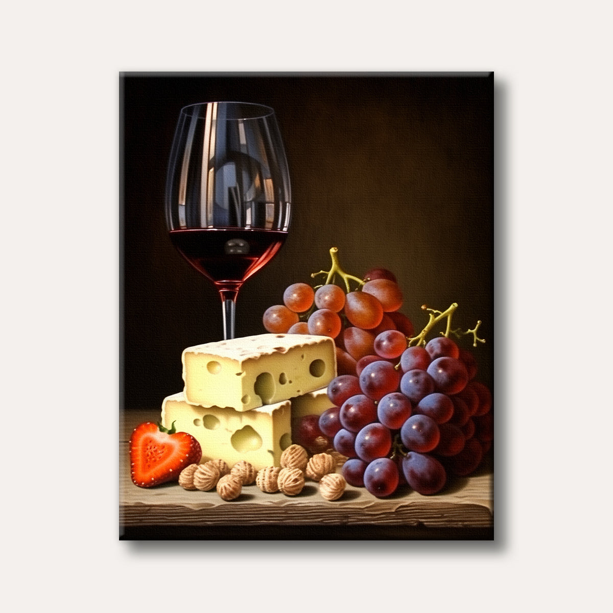 A classic still life painting featuring a glass of red wine, a cluster of red grapes, stacked cheese, a cut strawberry, and nuts on a rustic wooden surface against a dark background, in a realistic style.