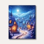 A charming, snow-covered village at night with warm lights glowing from windows and street lamps under a full moon, painted in a whimsical, illustrative style.
