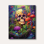 A surreal image featuring a large, ornate skull enveloped by a vibrant, psychedelic forest of glowing mushrooms and twisting, colourful vines, rendered in a highly detailed fantasy art style.