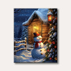A cheerful snowman wearing a hat and scarf stands in a snowy scene beside a lit rustic cabin and a decorated Christmas tree at night, depicted in a warm and inviting illustrative style.