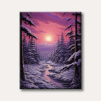 A vibrant winter landscape painting featuring snow-covered pine trees and a winding stream under a striking pink and purple sunset sky.