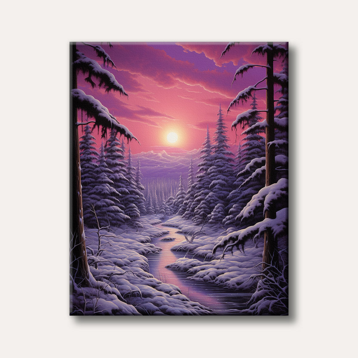 A vibrant winter landscape painting featuring snow-covered pine trees and a winding stream under a striking pink and purple sunset sky.