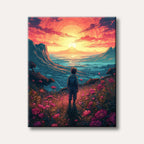 A lone figure stands in a field of vibrant pink flowers, looking out at a stunning sunrise over a vast mountainous landscape, rendered in a stylized, bold graphic art style.
