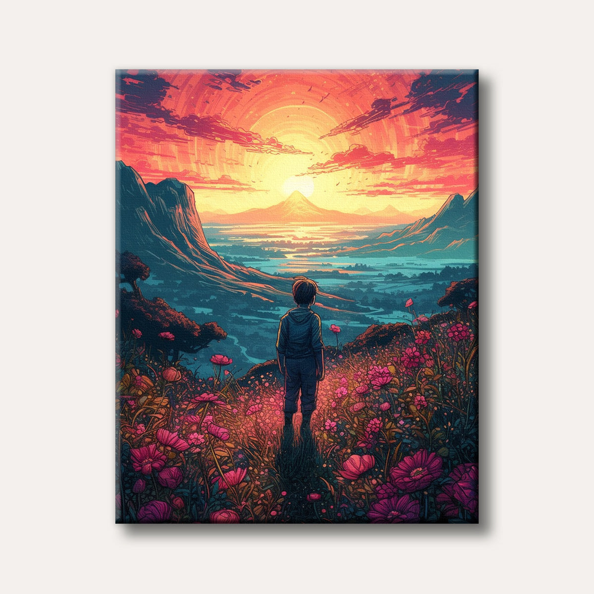A lone figure stands in a field of vibrant pink flowers, looking out at a stunning sunrise over a vast mountainous landscape, rendered in a stylized, bold graphic art style.