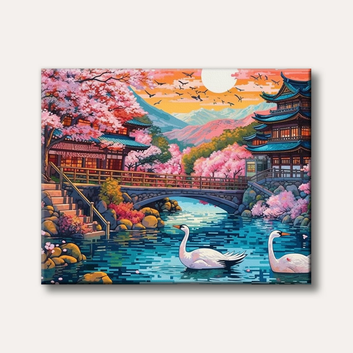 A vibrant, stylized painting of a traditional Japanese temple and bridge surrounded by abundant pink cherry blossom trees, with two white swans gracefully floating on the teal river under a pastel sky.