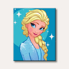 A stylized cartoon portrait of a blonde woman with blue eyes and a braid, smiling gently against a sparkling blue background, rendered in a clean digital art style.