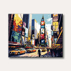 A vibrant pop art painting of Times Square, New York City, featuring bright billboards, yellow taxis, and silhouetted pedestrians on a sunny day.
