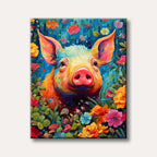 A close-up vibrant portrait of a pig with a colourful snout and ears, surrounded by an abundance of bright, diverse flowers, rendered in a striking pop art style.