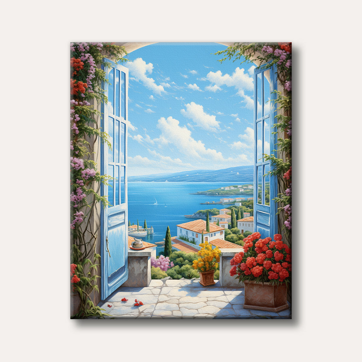 A vibrant painting depicting an open blue window frame adorned with blooming flowers, overlooking a sunny Mediterranean coastal town with red-roofed houses and a sparkling blue sea under a clear sky.